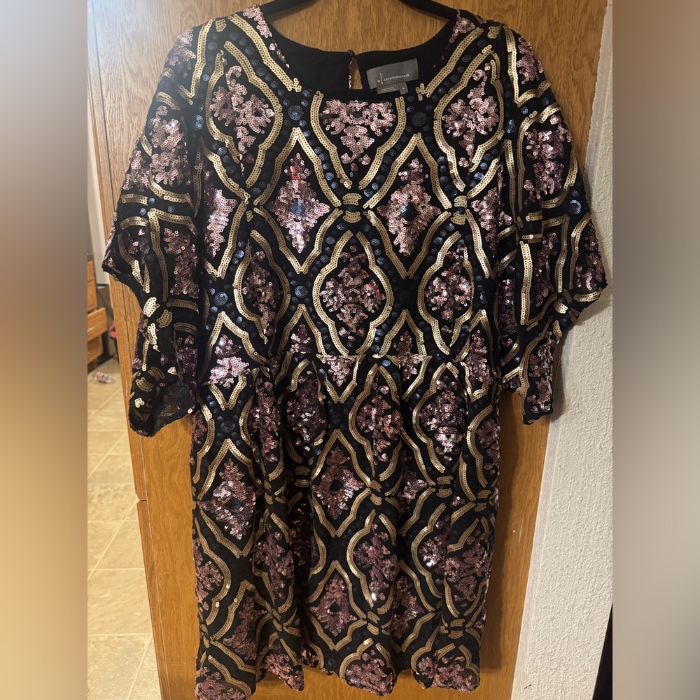 Anthropologie Black Dress with Gold and Pink Sequins
